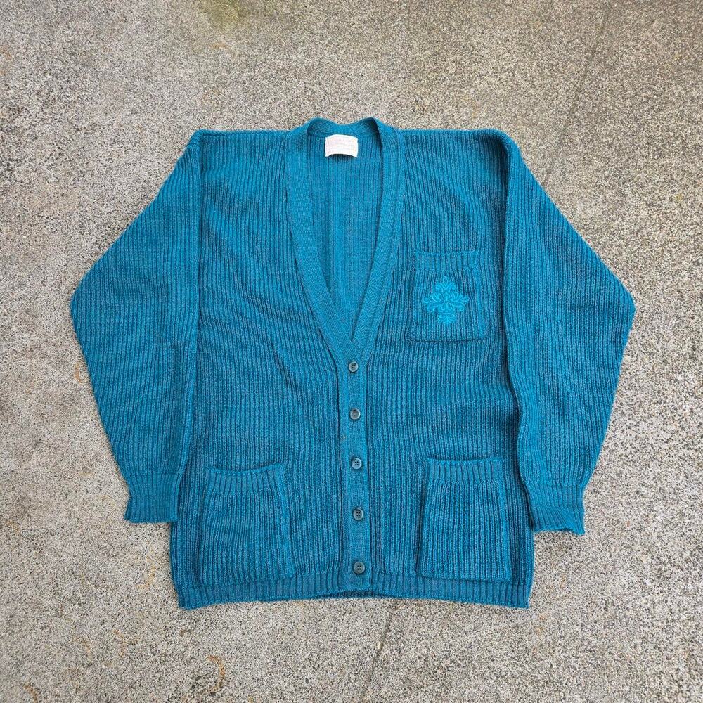 Vtg 80s PENDLETON WOOLEN MILLS Abstract Logo Wool Cardigan Sweater Teal L USA